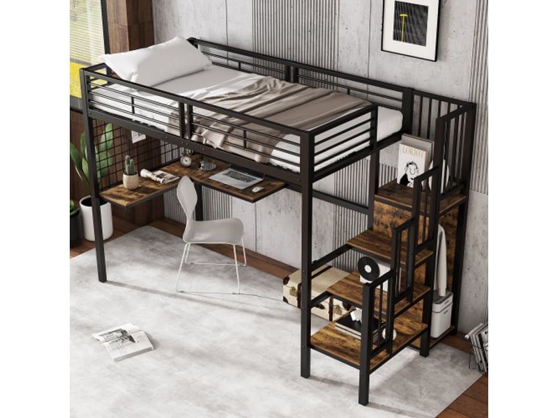  Lit mezzanine 90x200 cm, lit enfant avec table, armoire et échelle latérale, en métal, noir, sans matelas  - Conforama C