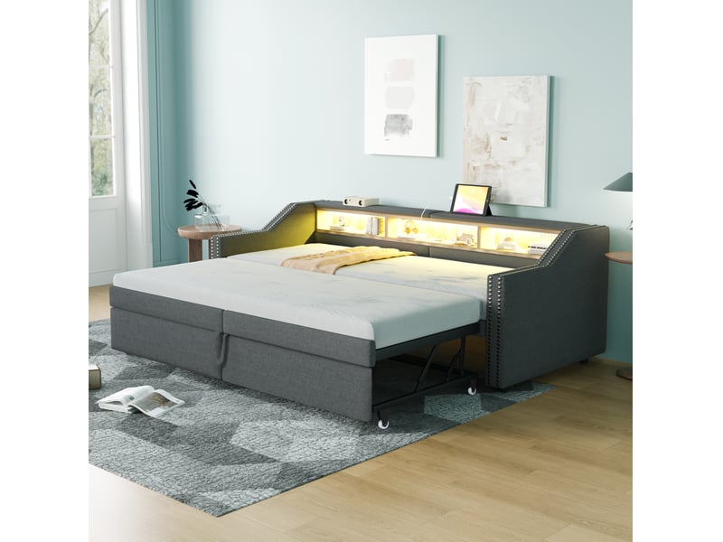  Lit enfant gigogne 90 x 200 cm, rangements latéraux led+usb, sommier lattes, tissu lin, gris foncé sans matelas  - Conforama W