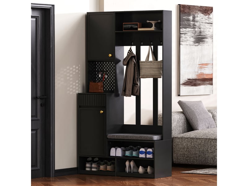  Porte-manteau, meuble d’entrée, vestiaire, portant, avec banc et étagères à chaussures, crochets, noir RN Store - Conforama E