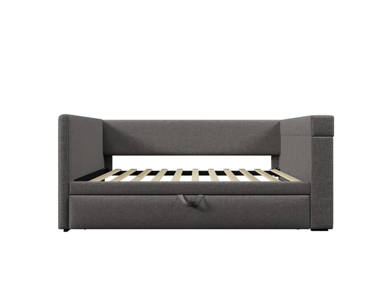  Canapé-lit 90x190 cm, lit enfant, couchage d'appoint, couchage gigogne extensible, usb et usb-c, lin gris  - Conforama B