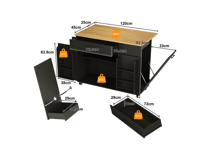  Desserte de cuisine mobile 130 x 70 x 93 cm, plateau rabattable, noire en mdf  - Conforama C