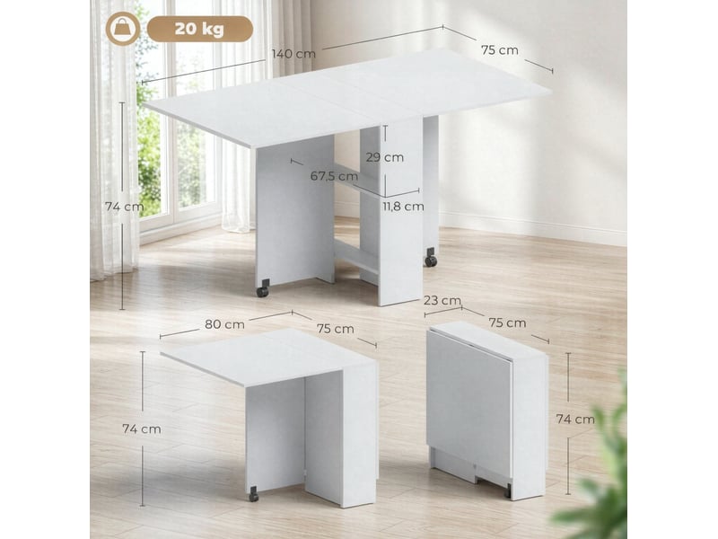  Table de salle à manger pliante à roulettes 75 x 140 cm, blanche, avec étagères  - Conforama C