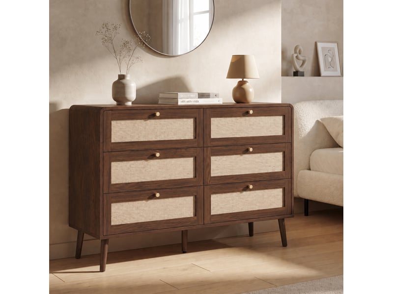  Commode modenvie 6 tiroirs 120 x 40 x 80 cm mdf décor noyer et panneaux effet rotin pe  - Conforama D