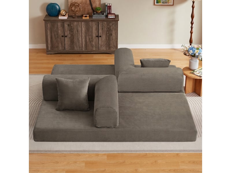  Canapé convertible 3 places canapé de sol tatami en velours côtelé taupe avec 2 coussins  - Conforama C