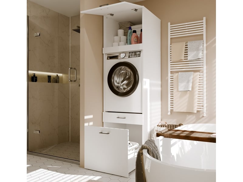 Pola Rehausse - Meuble de salle de bains, à placer au-dessus d'un lave-linge/sèche-linge - 64x50x64 cm – Blanc - Conforama B