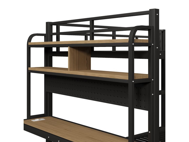  Lit superposé 140x200cm,  avec étagère de rangement, bureau, bande led, port usb, barrière de sécurité, échelle, noir  - Conforama E