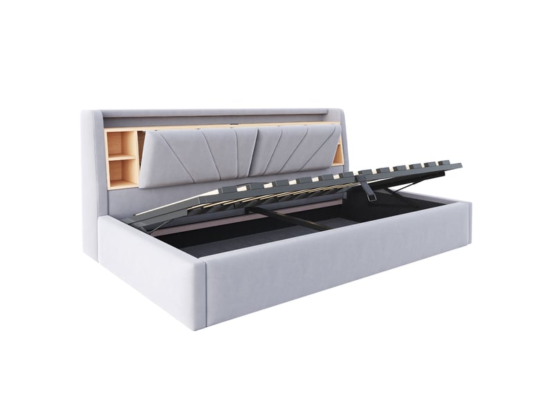  Lit coffre rembourré 90 x 200 cm – avec étagères – avec compartiments de rangement – ​​avec éclairage led et port usb – gris clair (matelas non inclus)  - Conforama R