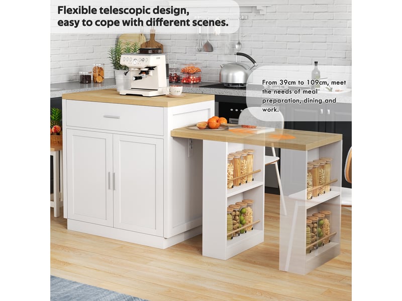  Îlot de cuisine avec table coulissante 2 à 6 places et prises - lpospi - rangement, mdf blanc 188 × 55 × 92 cm  - Conforama E