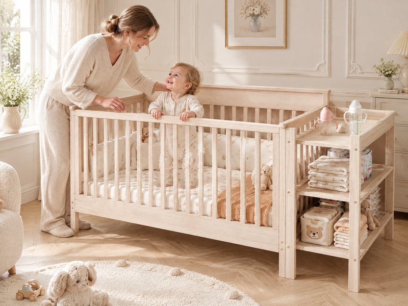 Lit bébé 3-en-1 en pin massif 70x140 cm, 3 hauteurs de sommier réglables, table à langer et étagère amovibles, transformable en lit junior, norme en716, charge 50 kg - Conforama B