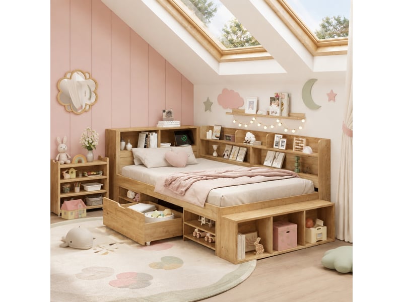Lit enfant avec rangement 90 x 200 cm naturel avec sommier à lattes - Conforama C