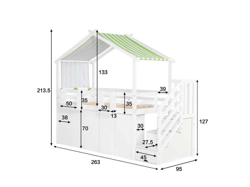 Lit mezzanine 90x200 cm, lit enfant avec armoire de rangement, escalier à tiroirs, en bois massif et mdf, blanc - Conforama E