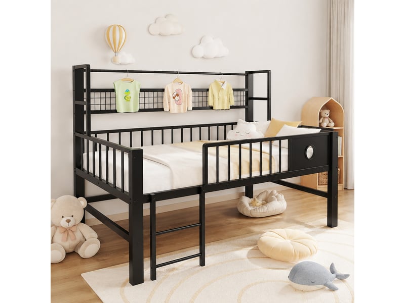  Lit mezzanine 90x200 cm avec rangement et tringle en métal noir  - Conforama D