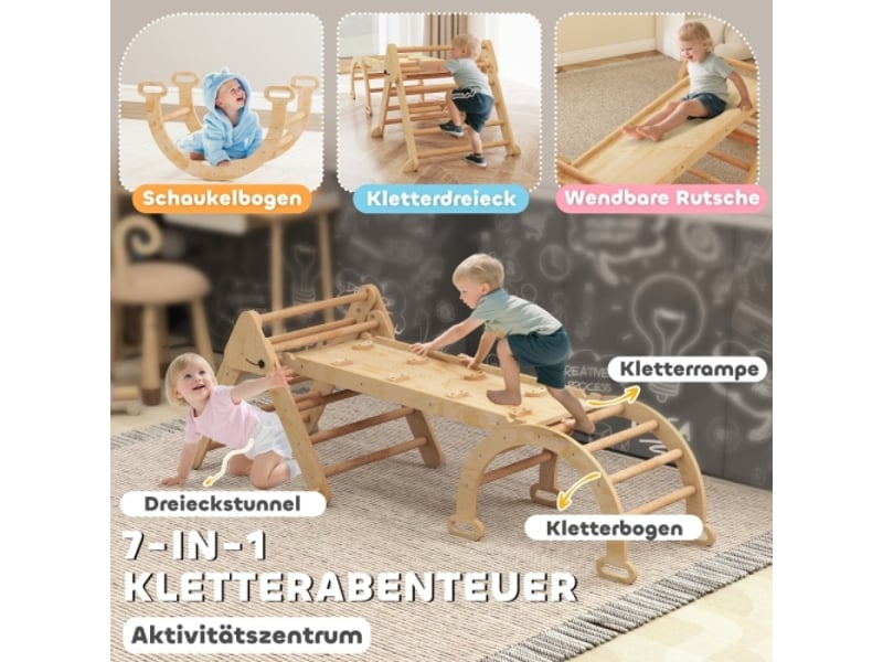  Structure d’escalade 7 en 1 en bois, arche, échelle, rampe, mur, toboggan, pliable, 1,5-4 ans  - Conforama D