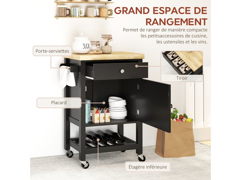  Desserte de cuisine à roulettes, chariot de service, plan de travail en bois d'hévéa, tiroir, 63,5 x 40 x 90 cm, noir  - Conforama D