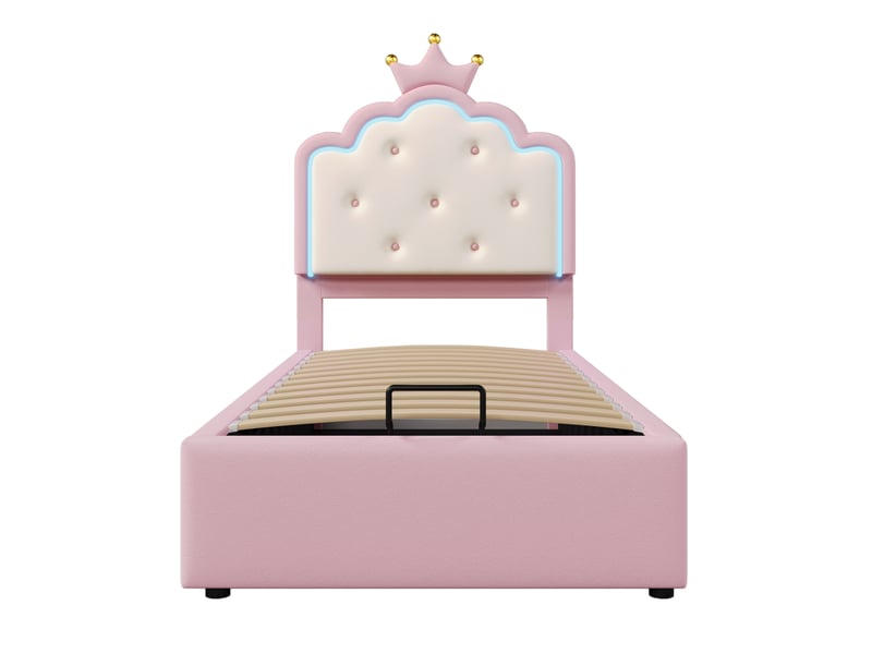  Lit rembourré rose 90x200 cm style princesse avec led et rangement hydraulique  - Conforama A