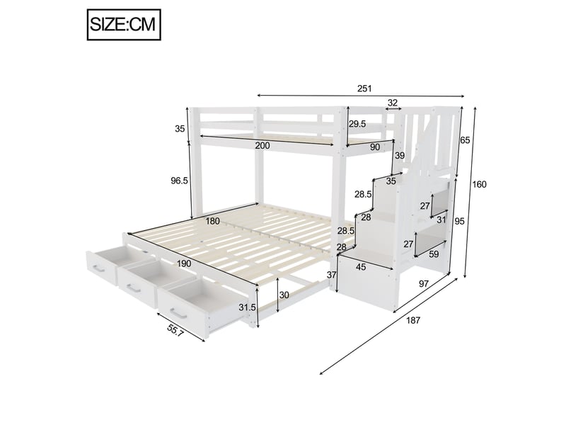 Lit superposé avec couchage inférieur extensible 90180x190 cm et rangements, blanc - Conforama E