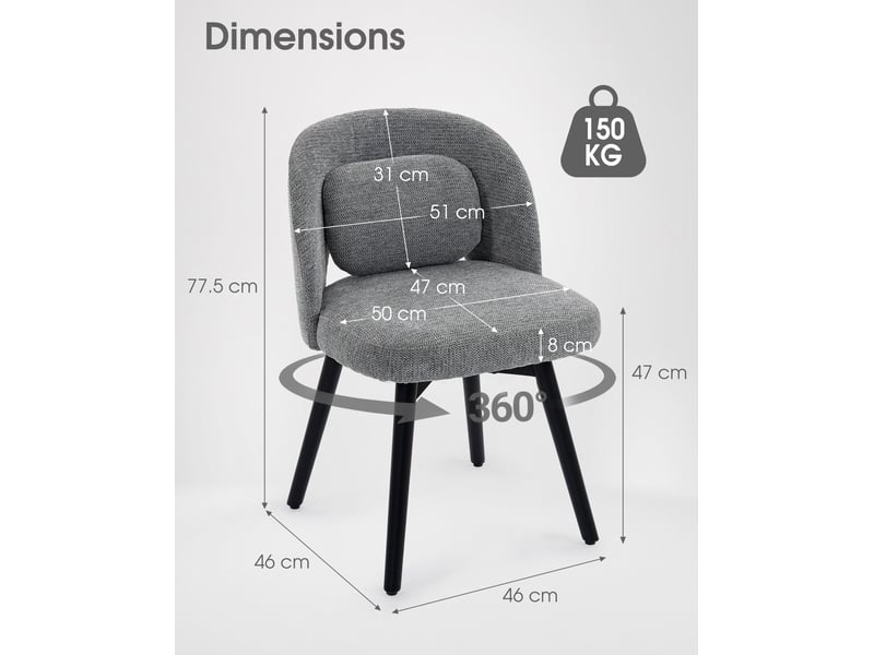  Chaises de salle à manger pivotantes 360° lot de 2, velours et bois d'hévéa gris  - Conforama E