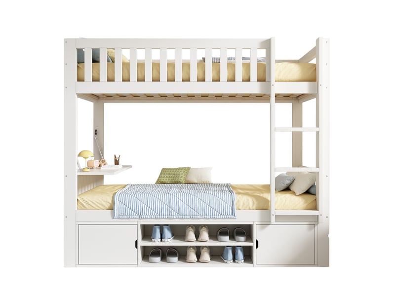  Lit superposé enfant 90x200 cm, lit 2 places, table rabattable, placards, range-chaussures, bois blanc, sans matelas  - Conforama A