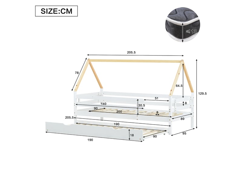 Lit cabane enfant gigogne 90x200 cm coloris blanc et naturel - Conforama C