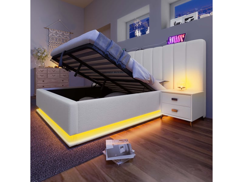 Lit double avec coffre 180x200 cm, éclairage led, ports usb et sommier à lattes, pu blanc - Conforama E