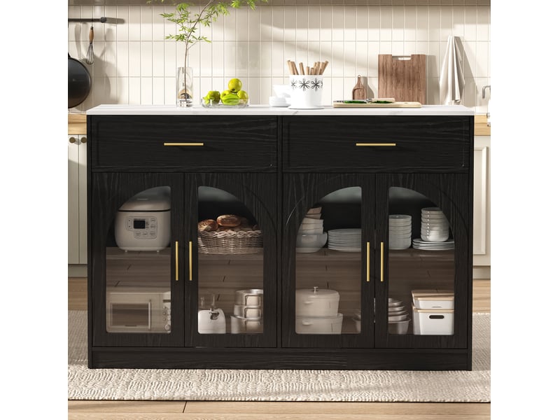  Îlot de cuisine avec led, plan de travail 135 x 55 cm, rangements et tiroirs, noir  - Conforama B