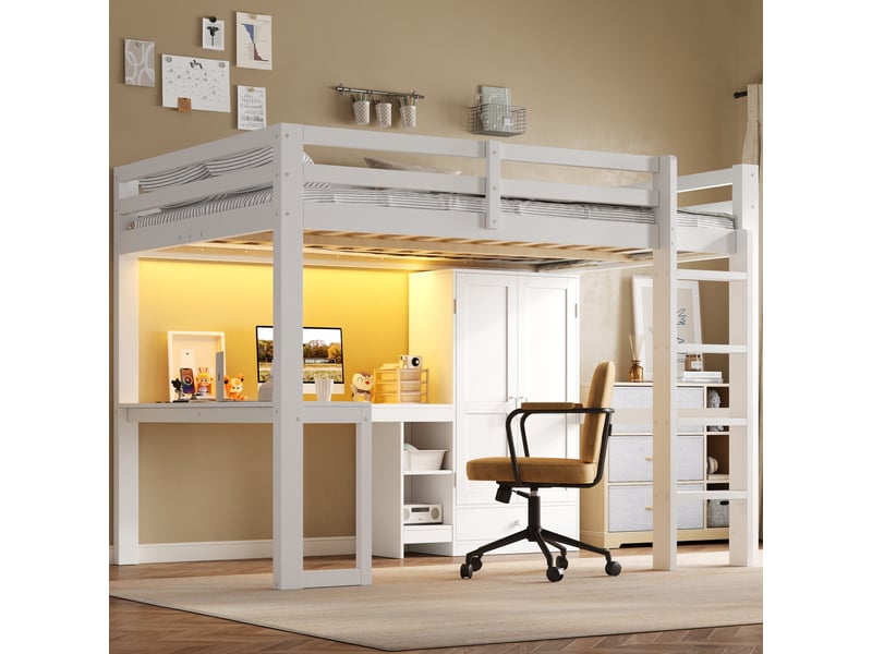  Lit mezzanine - 140x200 cm - bureau intégré - armoire intégrée - rangements intégrés - éclairage led - port usb - lit enfant - blanc CozyNest - Conforama C