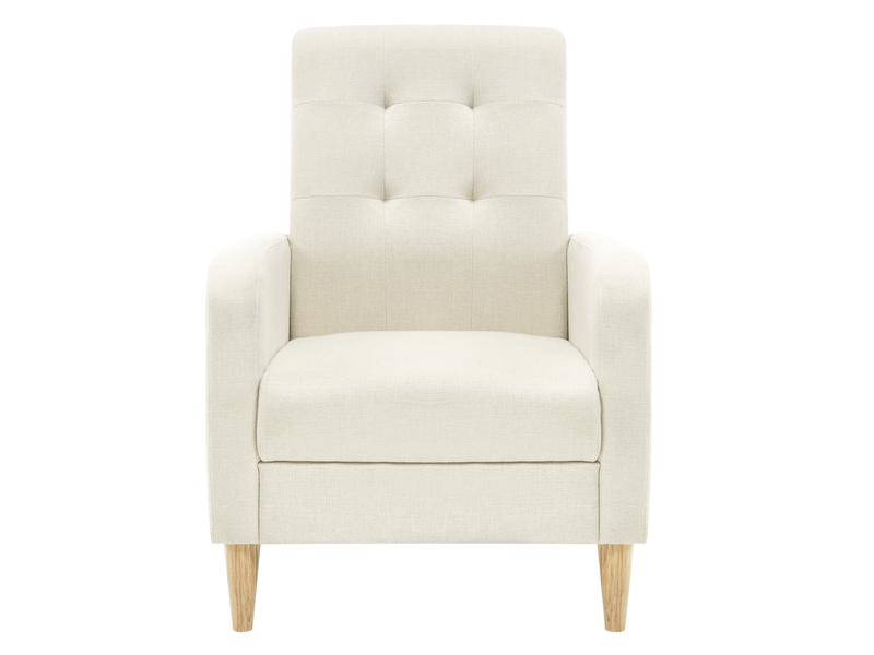 Fauteuil de salon rembourré avec dossier incliné ergonomique et accoudoirs, en lin et bois massif beige - Conforama A