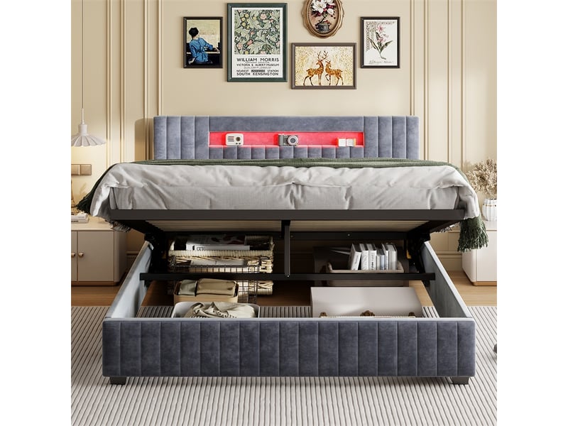  Lit 140x200cm - lit coffre 140x200cm - lit avec vérin à gaz, tête de lit led rvb et rangement - velours gris clair  - Conforama C