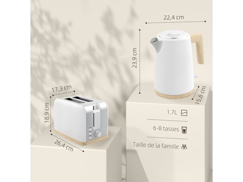  Ensemble bouilloire et grille-pain, 1,7l, 2200w, blanc, grille-pain 2 tranches avec 7 niveaux de brunissage  - Conforama C