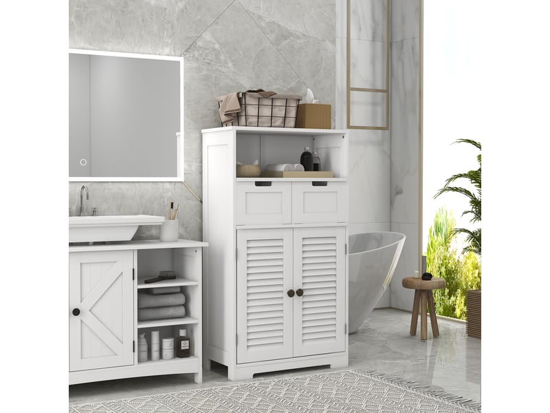  Meuble de salle de bain à 2 portes, étagère réglable, 2 tiroirs et compartiment de rangement, 61 x 30,5 x 109,5 cm, blanc  - Conforama C