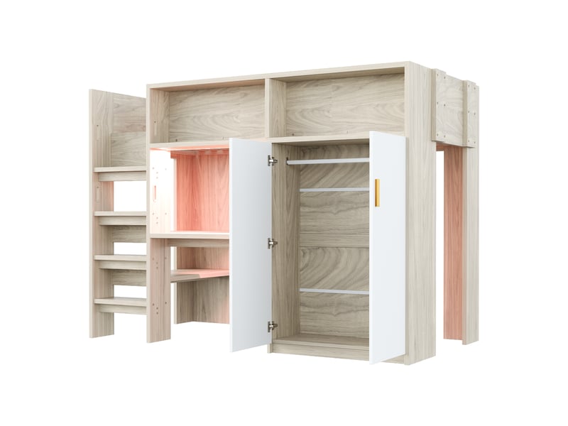  Lit mezzanine multifonction bois naturel 90x200 cm, bureau, armoire, étagères, rangements et led  - Conforama E