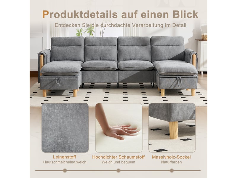  Canapé en u modulable 4 places en tissu chenille gris, avec 2 poufs à rangement, pieds en bois massif  - Conforama D