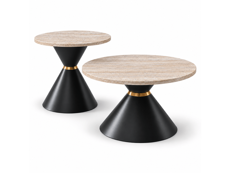  Lot de 2 tables basses rondes ø 7050 cm, plateaux effet travertin, table d'appoint, piètements coniques en métal noir et doré - noir et beige  - Conforama A