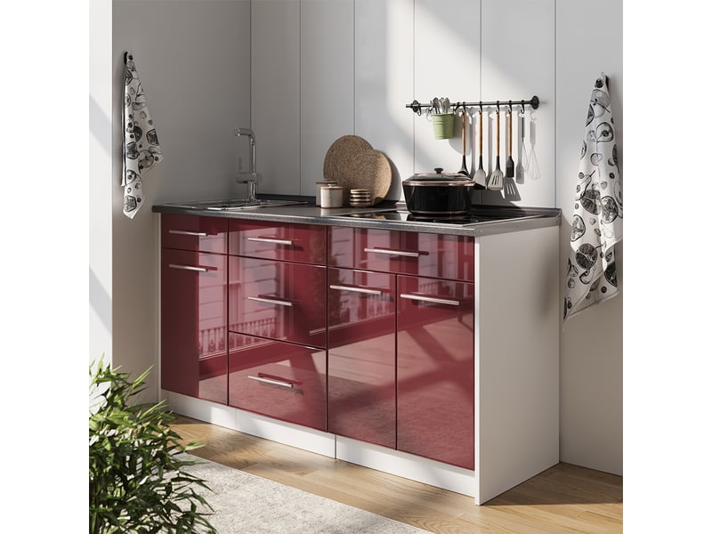 Vicco bloc cuisine, rouge bordeaux haute brillanceblanc, 150cm plan de travail anthracite - Conforama E