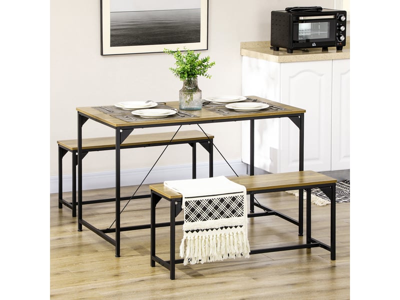 Ensemble table à manger et 2 bancs cadre en acier 4 personnes pour cuisine salle à manger salon naturel et noir - Conforama C