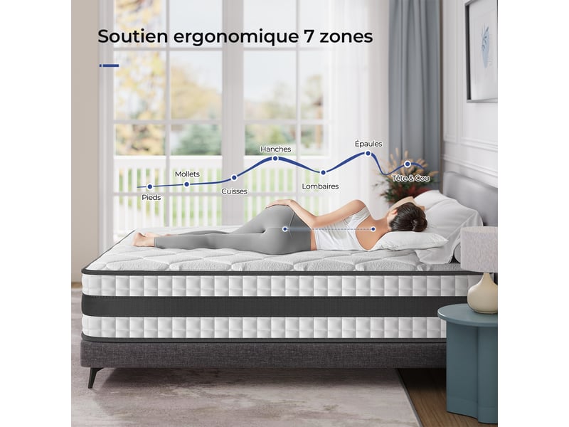 Matelas Hybride 140x200 cm INRE, Épaisseur 25cm, Ressorts Ensachés et Mousse à Mémoire de Forme, Moyenne Ferme, 7 Zones de Confort, Respirant et Confort - Conforama R