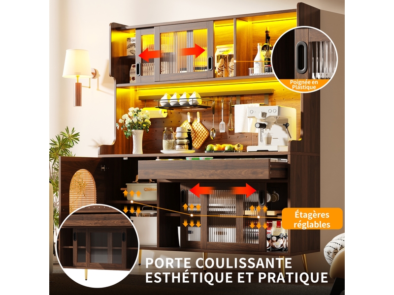 Meuble de cuisine muvano, buffet de cuisine 5 portes en mdf marron avec led, 145 × 39 × 171 cm - Conforama R