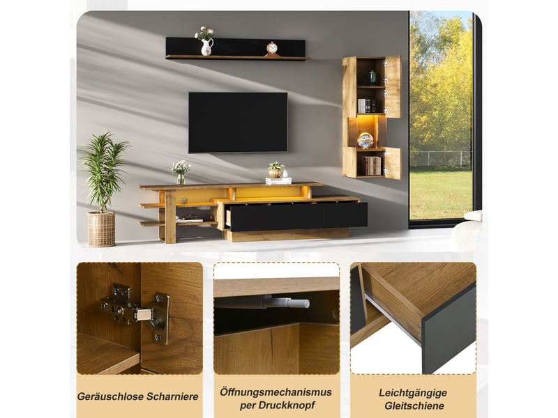  Meuble de salon led ensemble 3 pièces mur meuble frontal vitrine étagère murale suspendue 3 tiroirs couleurs noir et bois naturel  - Conforama E