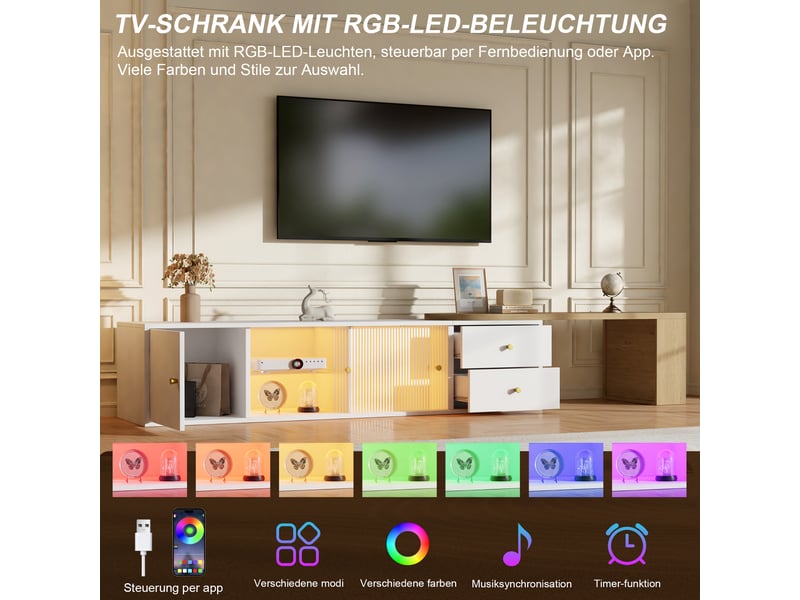  Meuble tv blanc et bois 175 cm, led, 2 tiroirs, 2 portes vitrées coulissantes  - Conforama E
