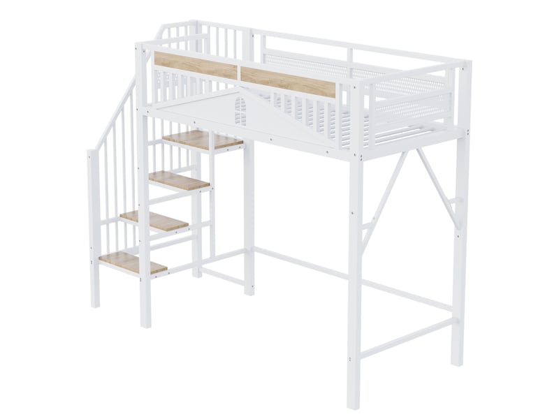  Lit superposé en métal 90 x 200 cm, garde-corps avec fenêtre, échelle sécurité, espace sous lit, blanc  - Conforama A