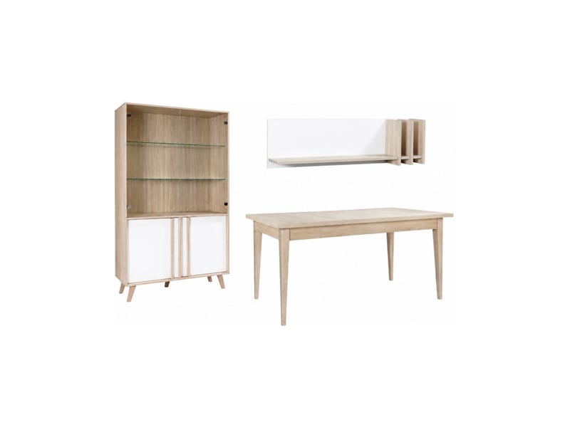 Salle à manger complète malmo avec table 160 cm, vitrine led et étagère murale – chêne clair et blanc – style scandinave - Conforama A