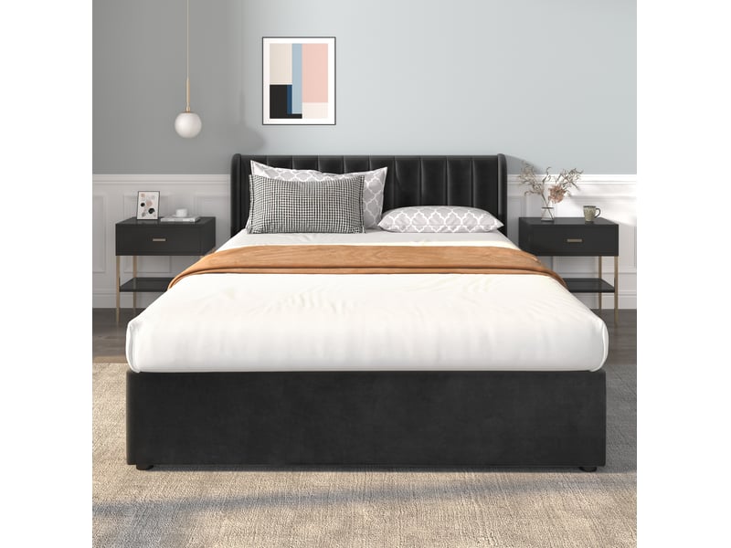  Lit adulte 140x200 en velours avec sommier et 2 tiroirs noir cravdom  - Conforama D