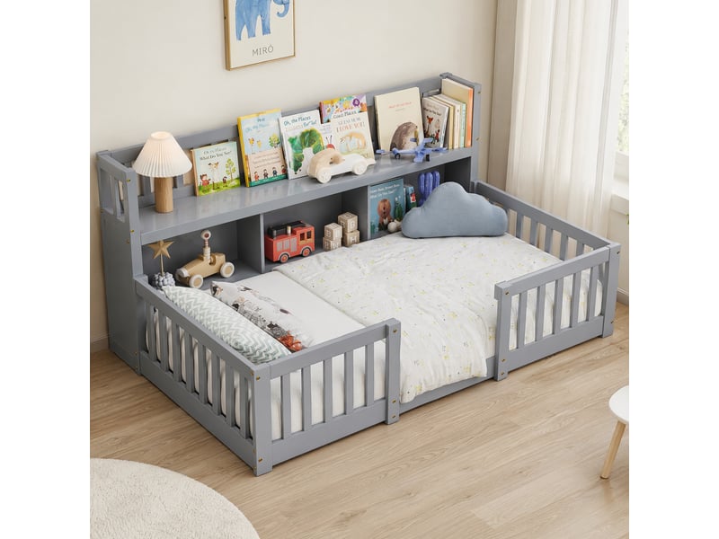Lit enfant 90x200 cm avec rangements et bibliothèque,lit au sol avec barrières de sécurité,lit simple,pin massif, gris - Conforama B