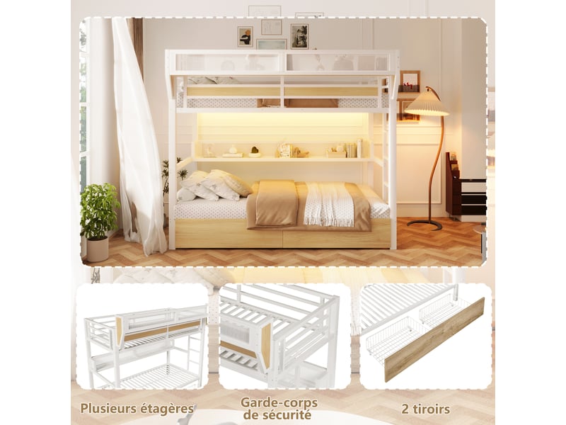  Lit superposé - 90x200 cm - tiroirs de rangement - rangements intégrés - éclairage led - structure métal - lit enfant - blanc CozyNest - Conforama E
