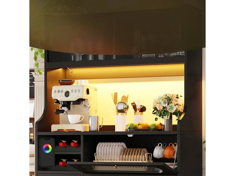  Buffet de cuisine haut noir 120 cm avec led rgb, portes coulissantes en verre et range-bouteilles  - Conforama D