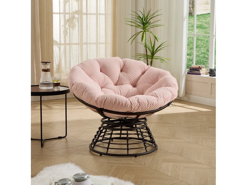  Fauteuil papasan pivotant 360° en résine tressée marron avec coussin rose épais, idéal pour lecture et détente  - Conforama B