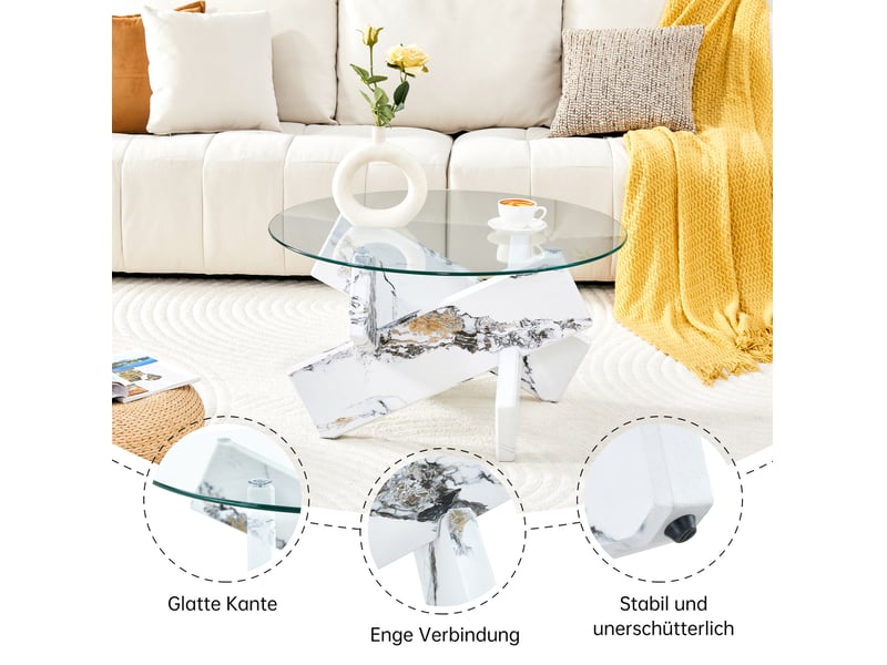  Table basse ronde 79 cm, meuble de salon, plateau en verre, mdf imitation marbre blanc, élégante, transparent et blanc  - Conforama E
