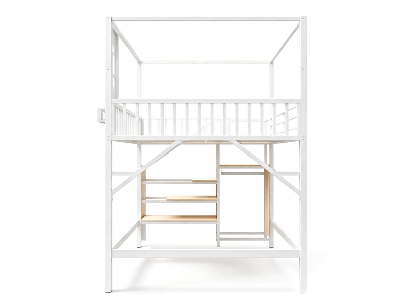 Lit mezzanine en métal 140x200 cm, structure avec toit, échelle de rangement, penderie, blanc - Conforama E