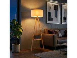 Lampadaire trépied avec structure en bois naturel, abat-jour en tissu beige et compartiment de rangement intégré, 50 x 50 x 154 cm