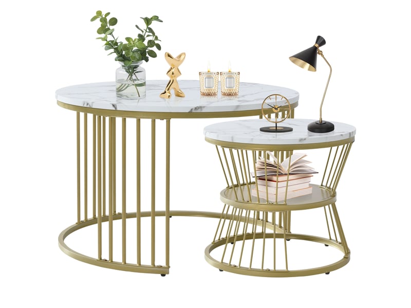 Lot de 2 tables basses rondes gigognes - 70 x 70 x 45.5 cm-or - table de salon style luxe discret effet marbre avec cadre doré - Conforama A